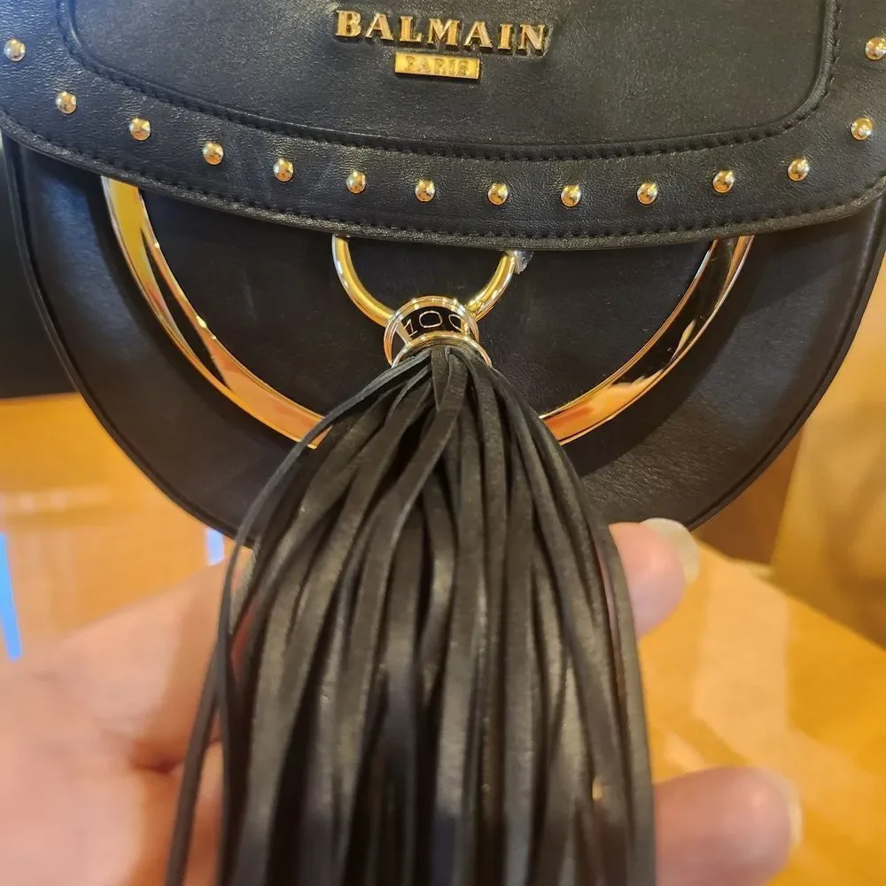 Balmain Black Leathet Crossbody Bag with Gold Accents And Bold Tassel